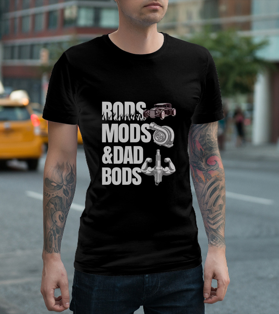 Rods Mods and Dad Bods Classic Car Turbocharger Spark Plug Muscles T-Shirt