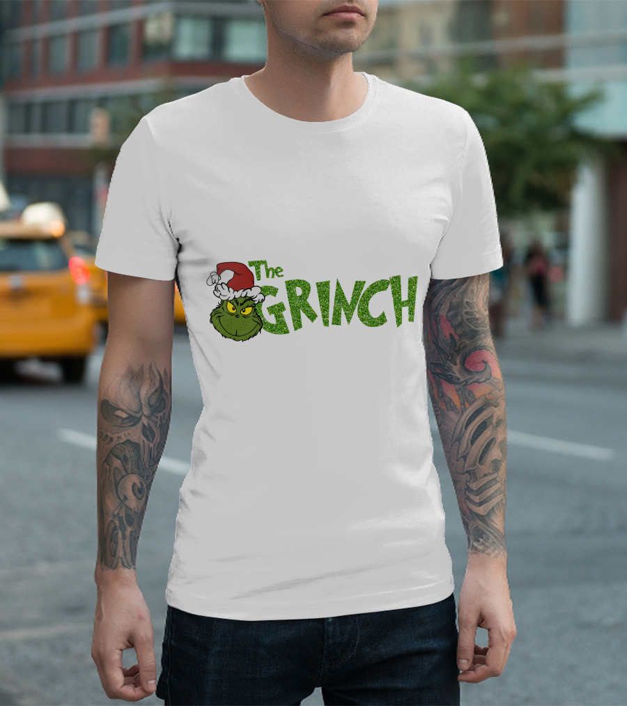 The Grinch Santa Hat Christmas Green Glittery Text T-Shirt