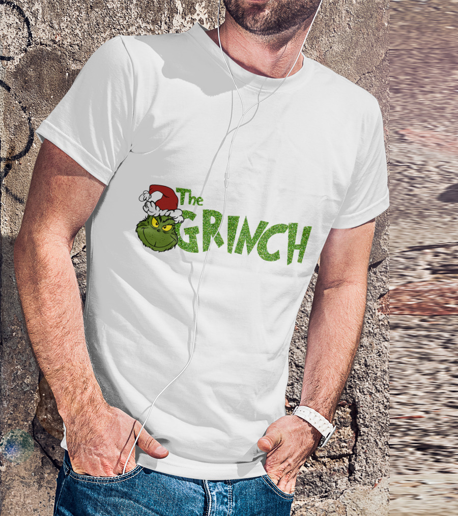 The Grinch Santa Hat Christmas Green Glittery Text T-Shirt
