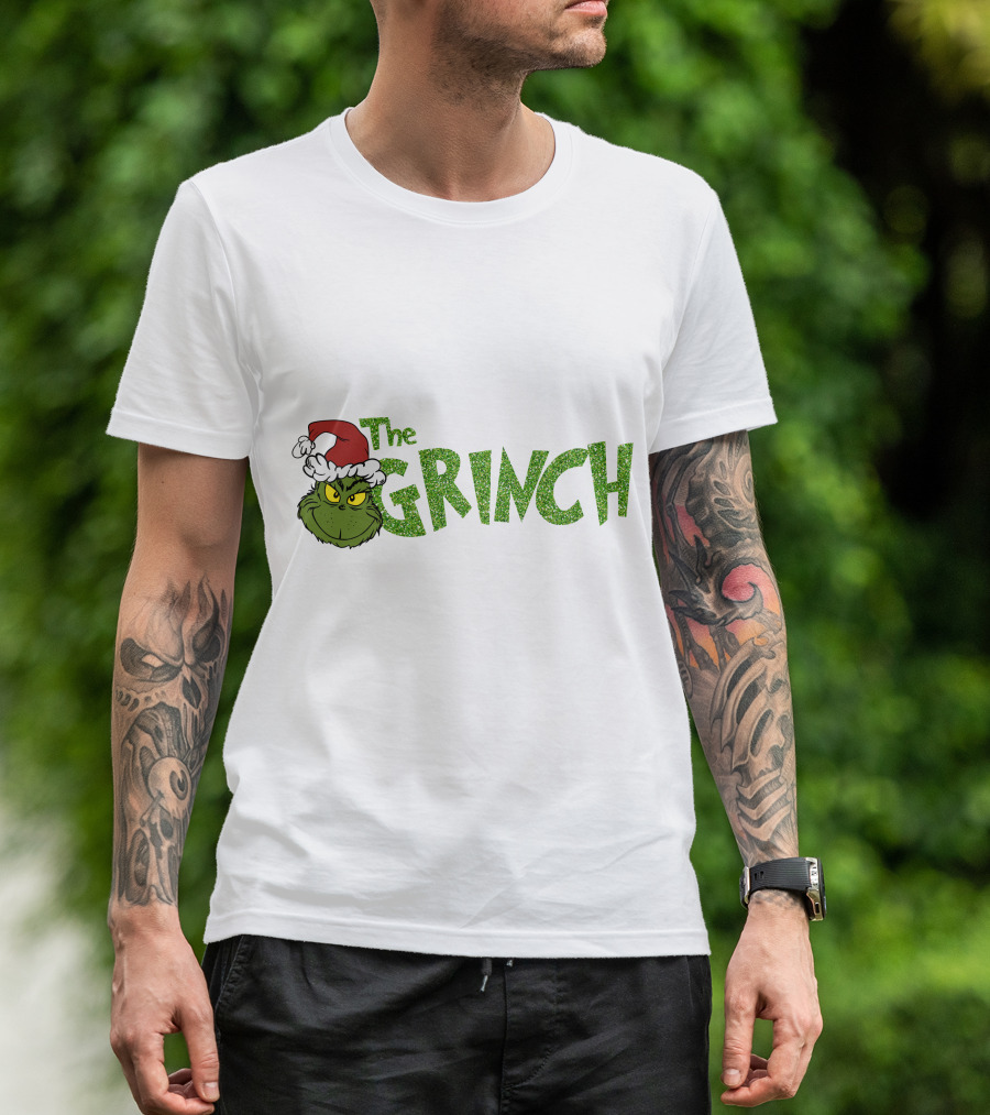 The Grinch Santa Hat Christmas Green Glittery Text T-Shirt