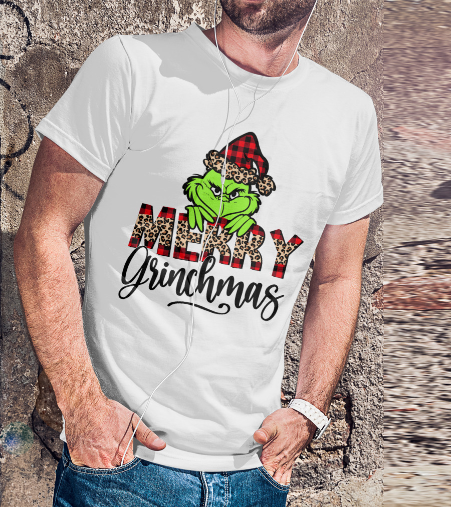 Merry Grinchmas Red Plaid And Leopard Print Christmas Grinch T-Shirt