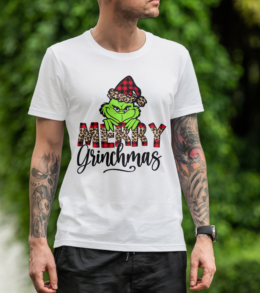 Merry Grinchmas Red Plaid And Leopard Print Christmas Grinch T-Shirt