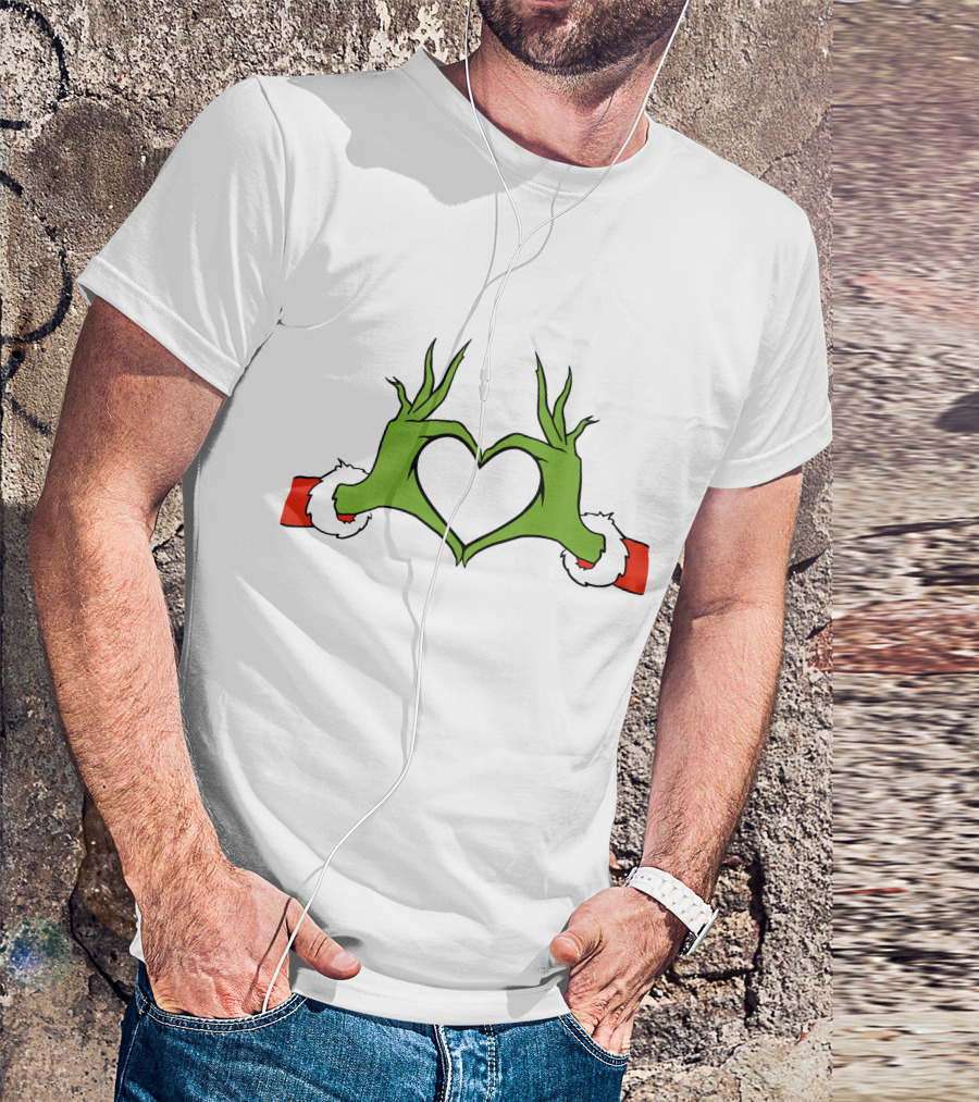 Grinch Hand Heart Christmas Santa Sleeve T-Shirt
