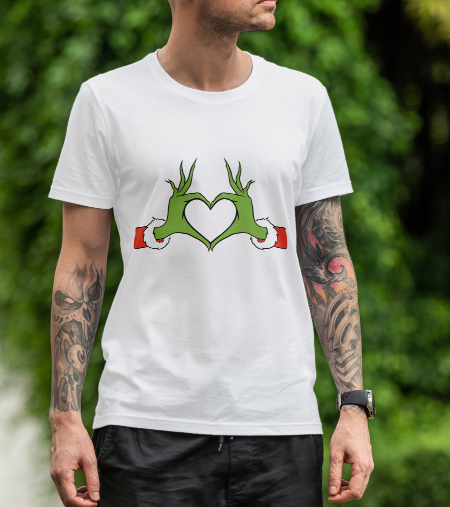 Grinch Hand Heart Christmas Santa Sleeve T-Shirt
