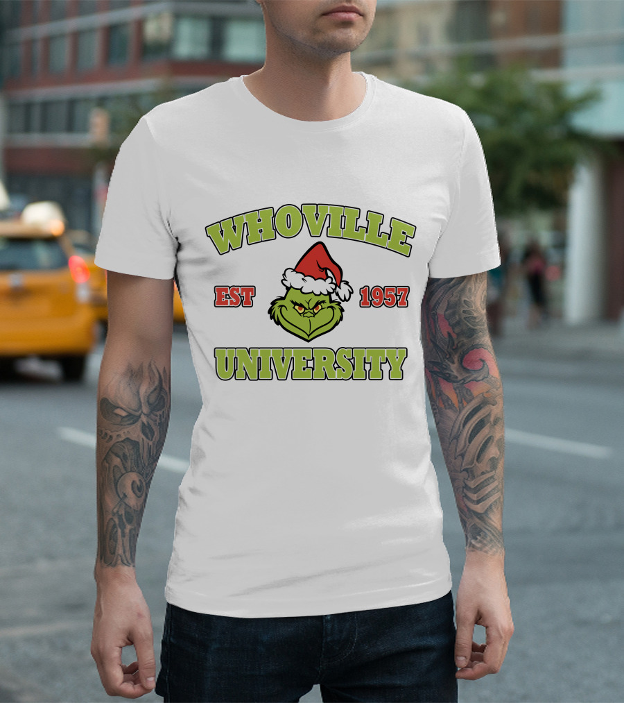 Whoville University Est 1957 Grinch Santa Hat T-Shirt