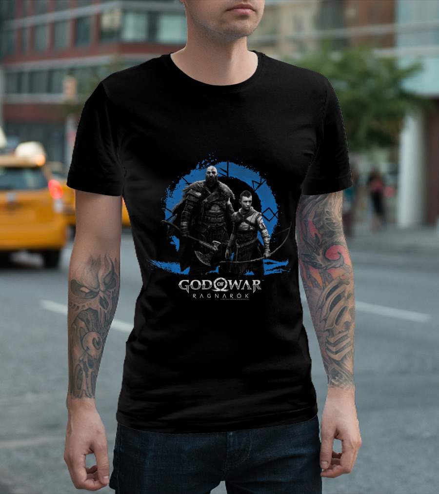 Kratos and Atreus in God of War Ragnarok Symbolic Blue Circle T-Shirt