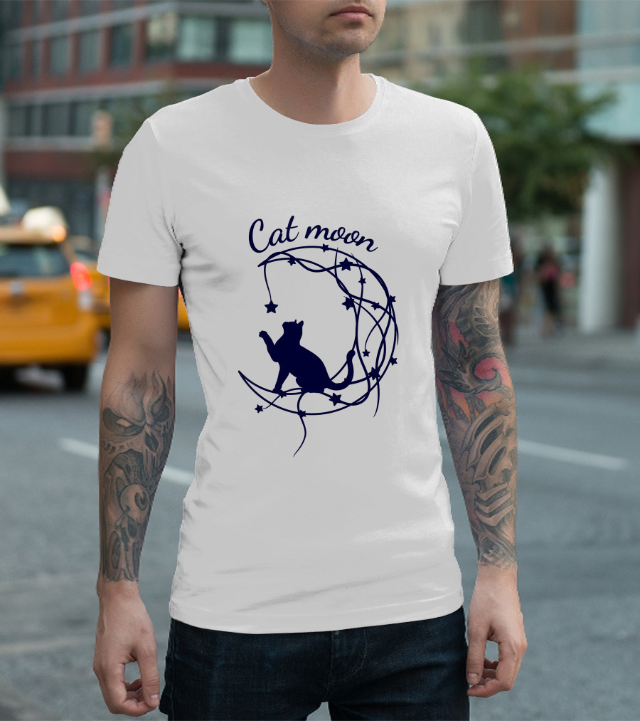 Cat Moon Silhouette With Stars And Vines T-Shirt