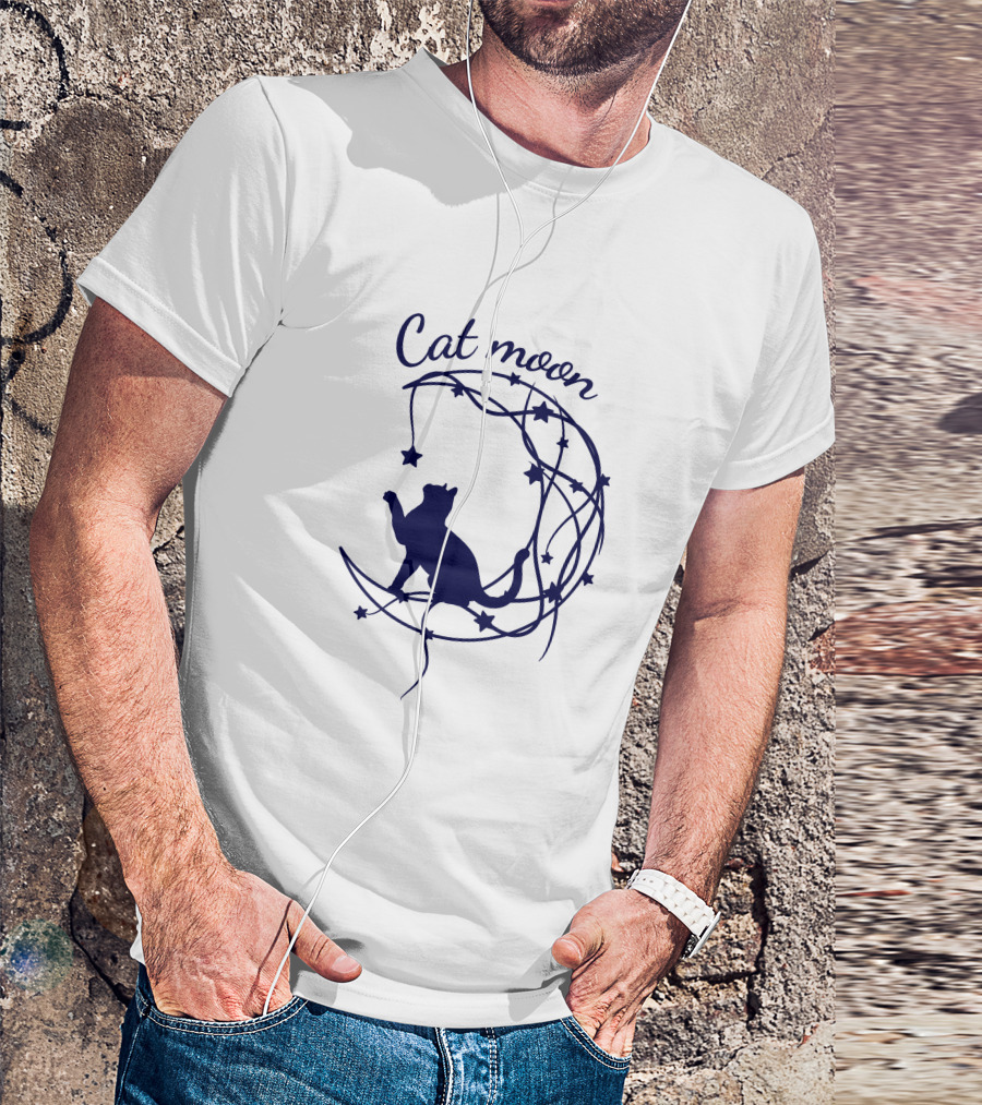 Cat Moon Silhouette With Stars And Vines T-Shirt