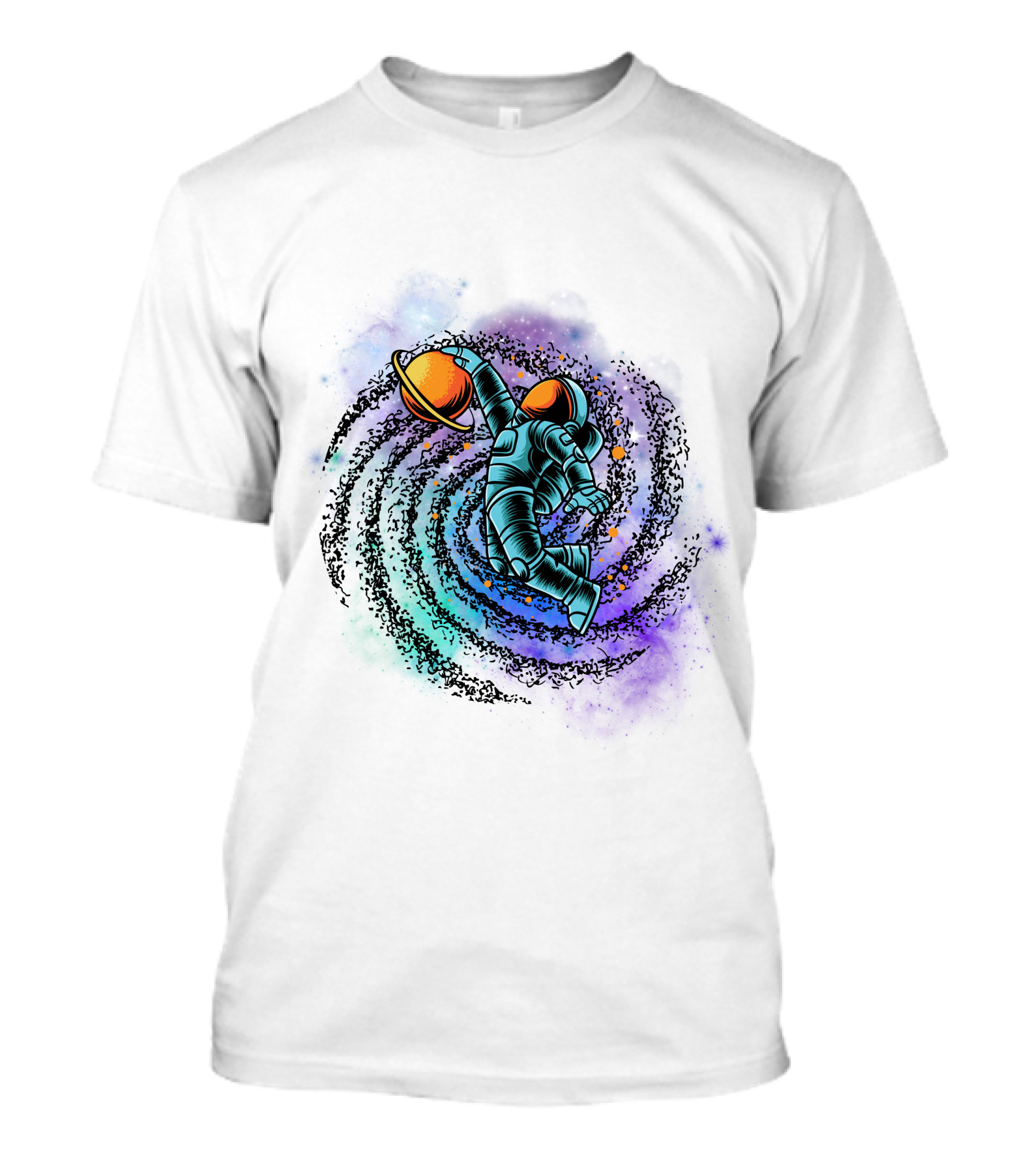 Astronaut Grasping Saturn In Cosmic Swirl 'Conquer The Universe' T-Shirt