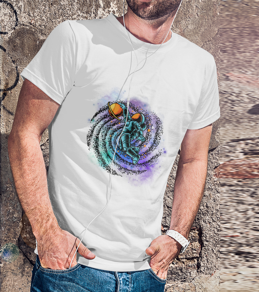Astronaut Grasping Saturn In Cosmic Swirl 'Conquer The Universe' T-Shirt