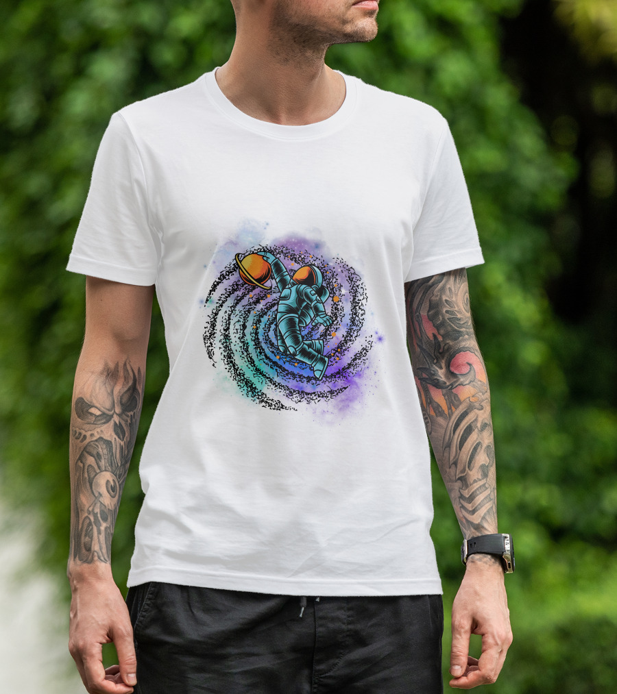 Astronaut Grasping Saturn In Cosmic Swirl 'Conquer The Universe' T-Shirt