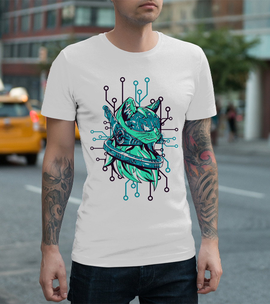 Futuristic Cybernetic Cat with Circuitry Elements T-Shirt