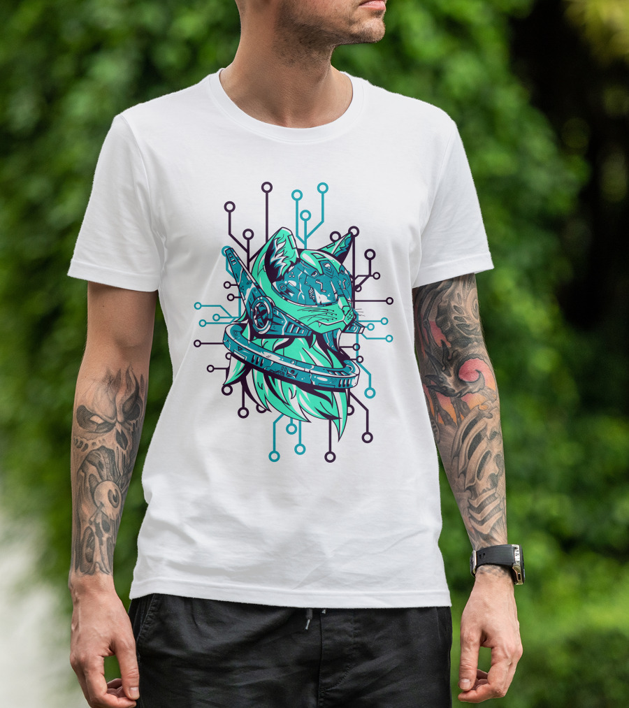 Futuristic Cybernetic Cat With Circuitry Elements T-Shirt