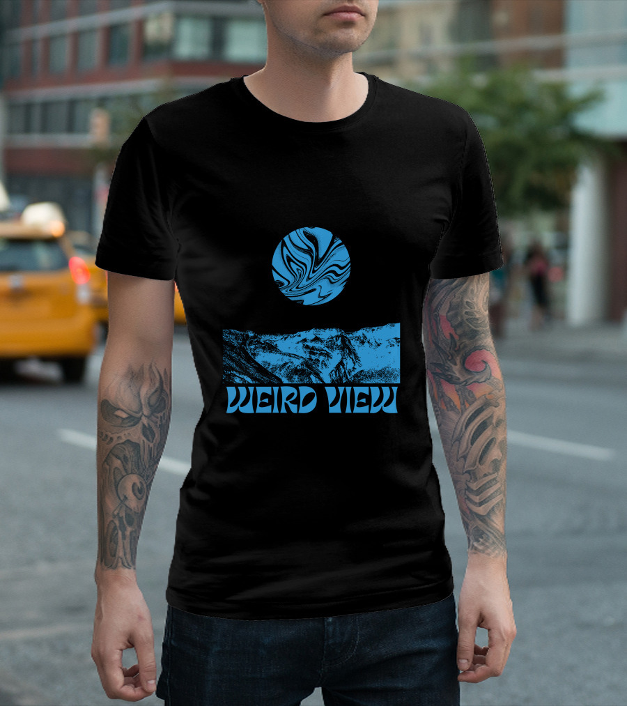 Weird View Surreal Blue Mountain Landscape with Swirling Sky T-Shirt
