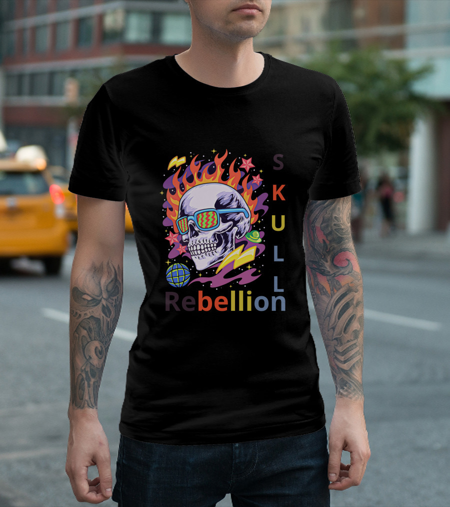 Rebellion Skull with Fiery Sunglasses and Cosmic Elements T-Shirt