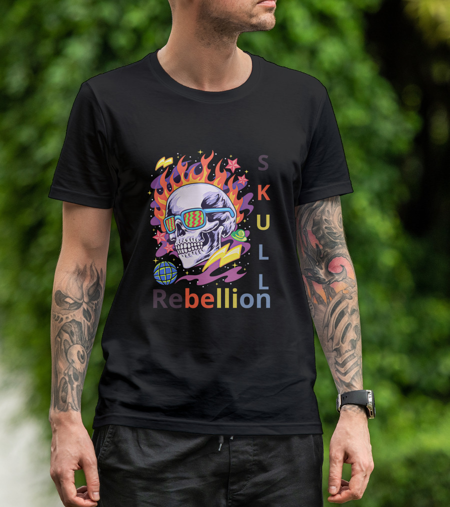 Rebellion Skull With Fiery Sunglasses And Cosmic Elements T-Shirt