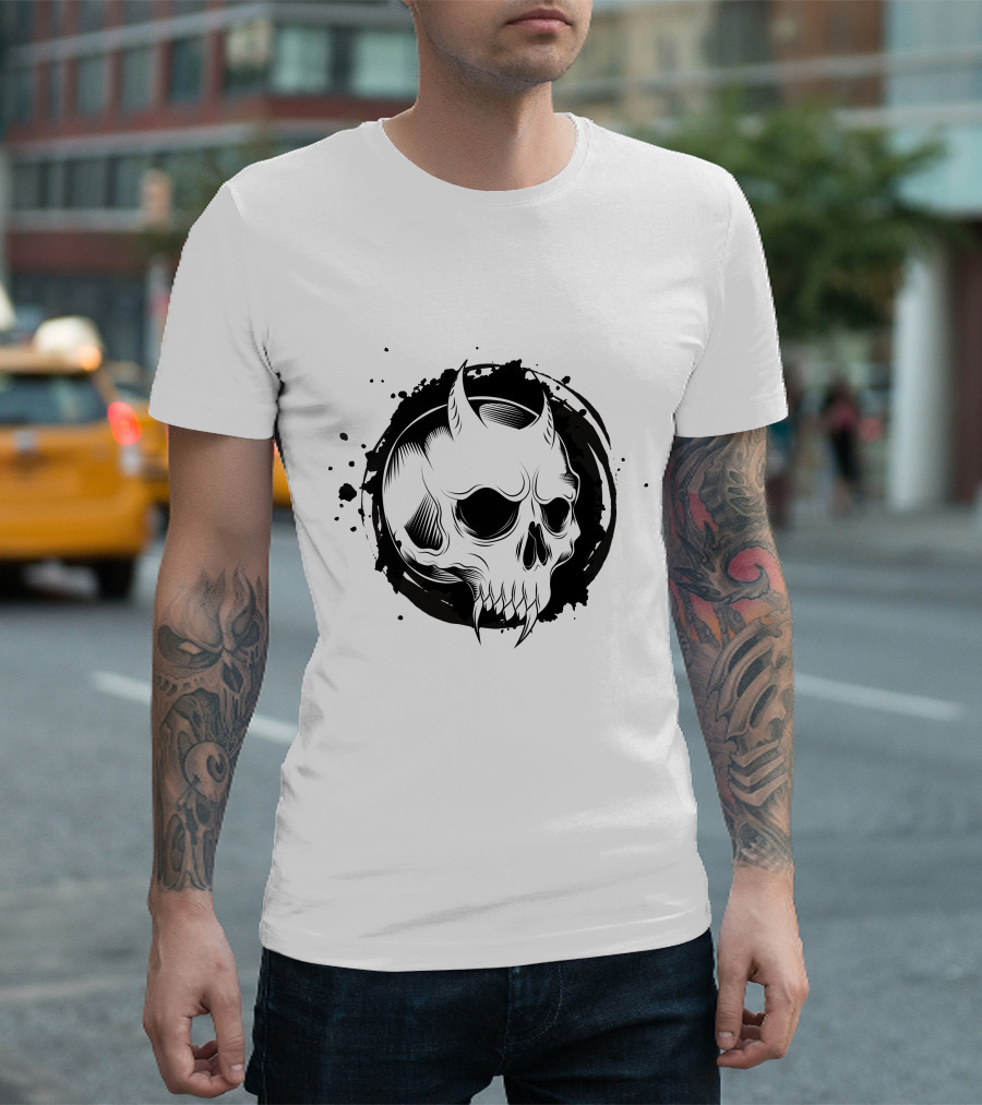 Demon Skull Horned Black Ink Splatter T-Shirt