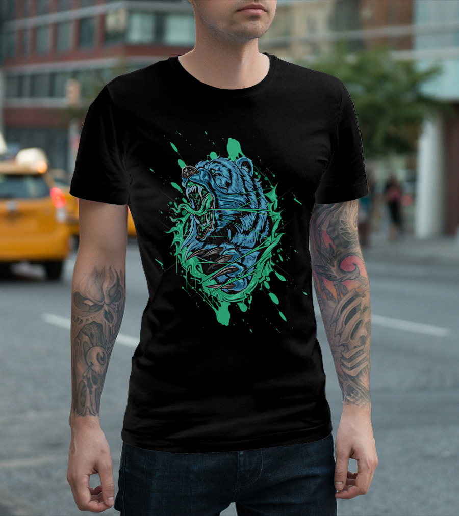 Angry Bear Roaring in Dynamic Teal and Black Paint Splash T-Shirt