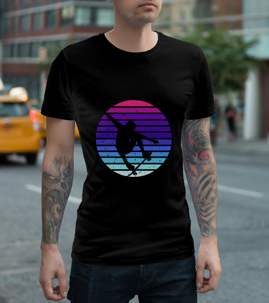 Skateboarding Silhouette Against Retro Sunset Gradient Circle T-Shirt
