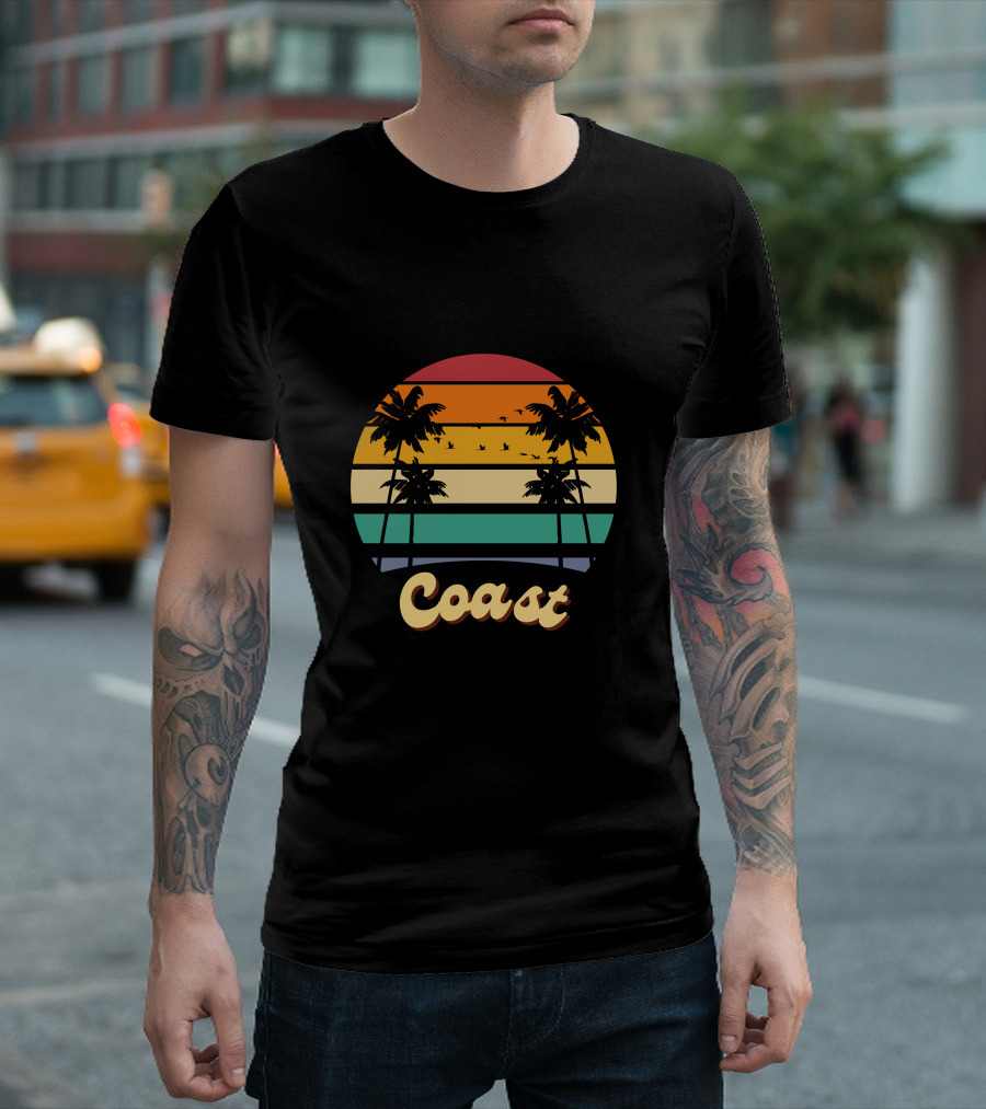 Coast Vintage Sunset Palm Trees Birds T-Shirt