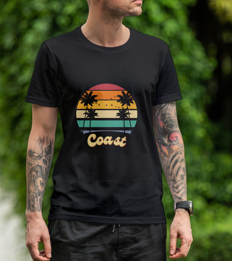 Coast Vintage Sunset Palm Trees Birds T-Shirt