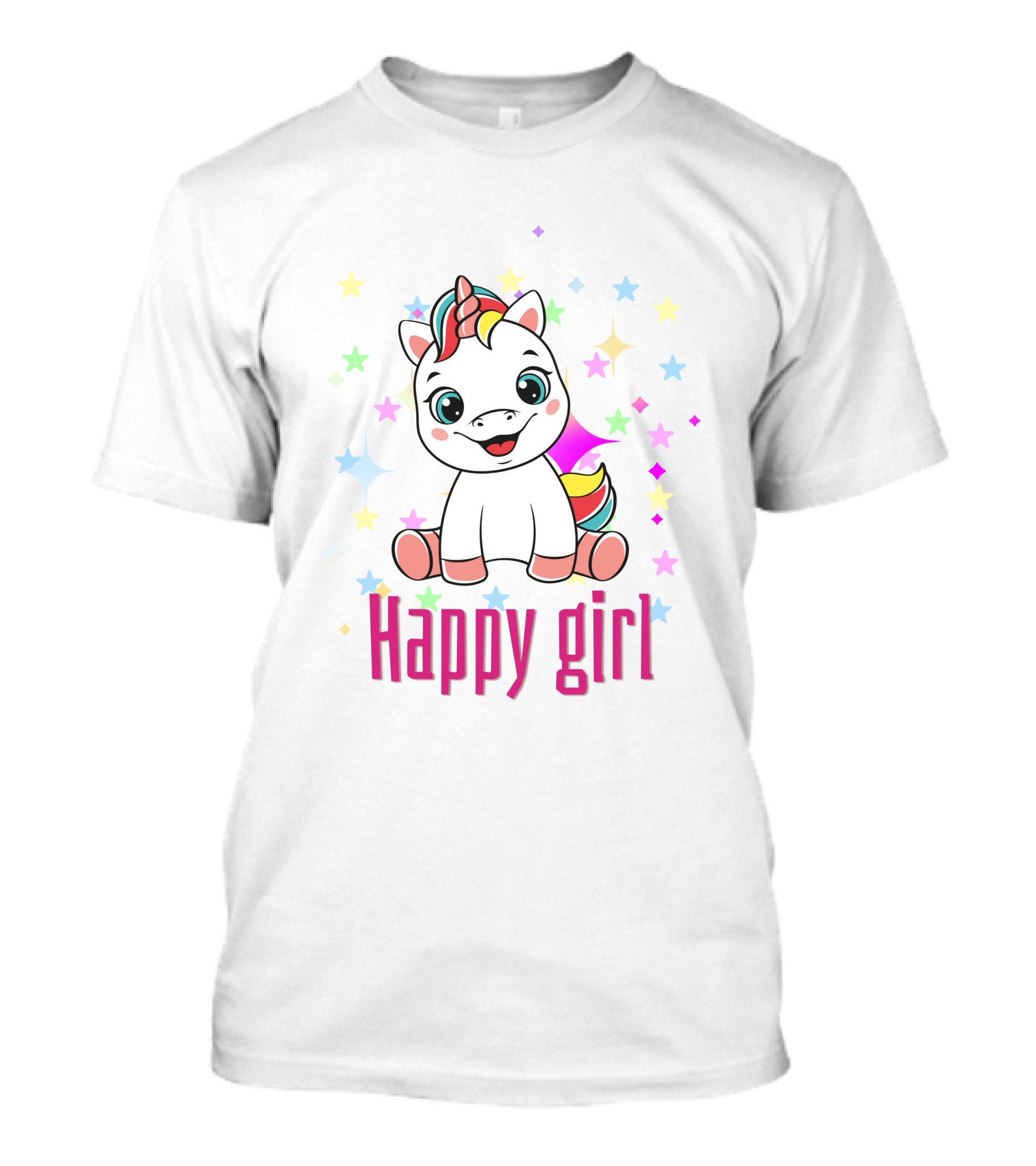 Happy Girl Colorful Unicorn Surrounded By Stars T-Shirt
