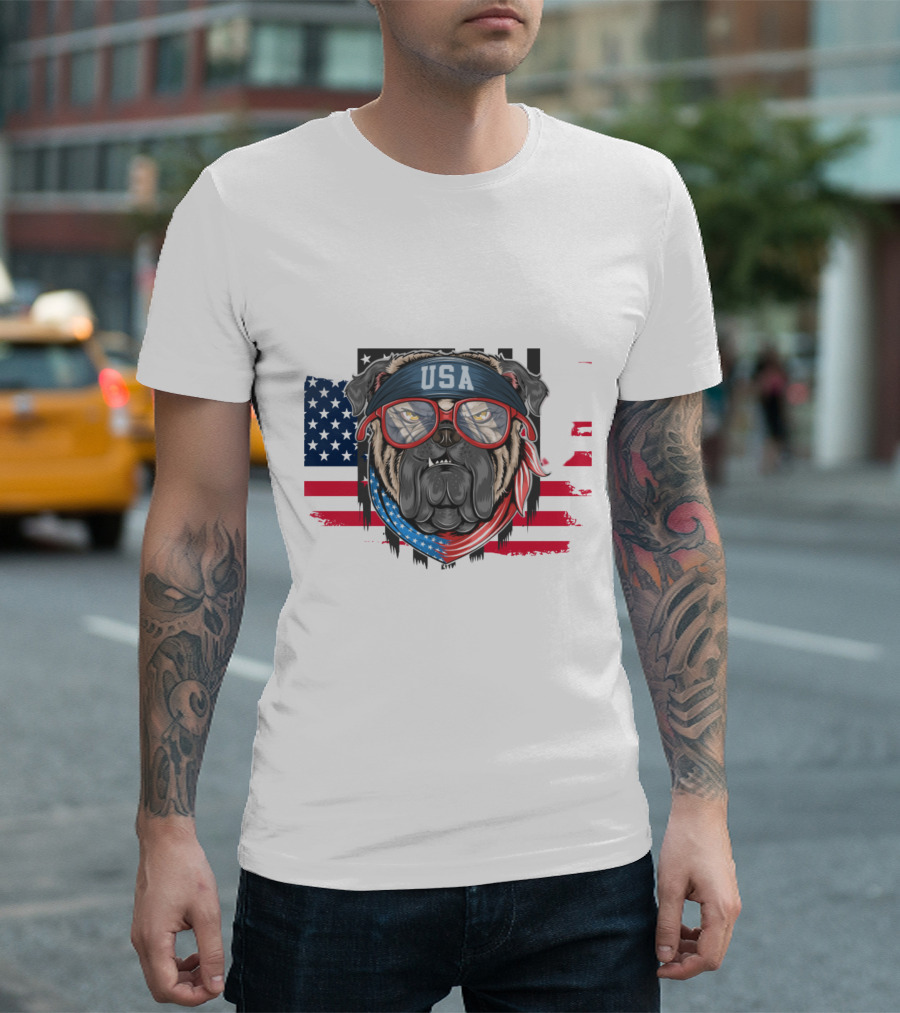 USA Bandana Glasses American Bulldog with Flag Background T-Shirt
