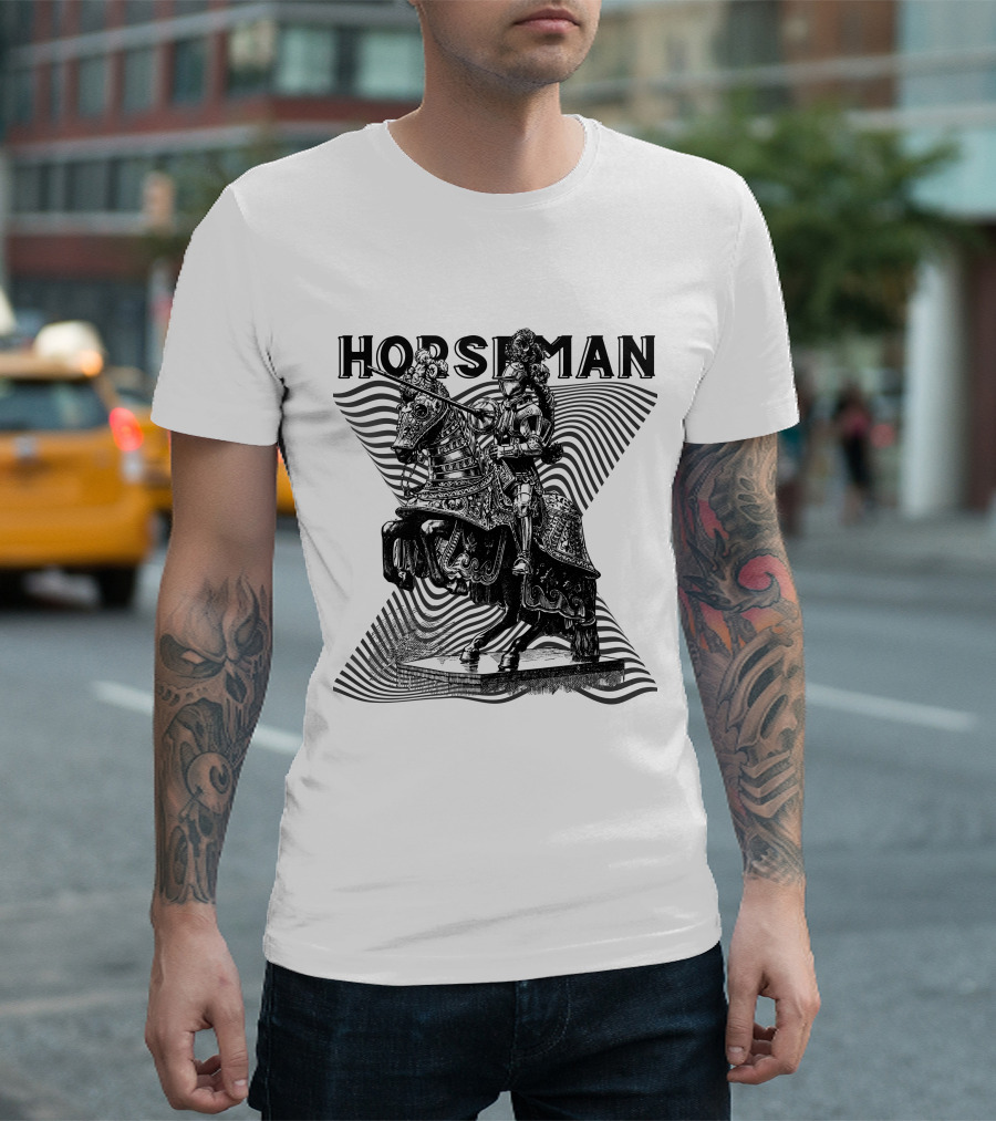 Horseman Knight on Armored Steed with Wavy Line Background T-Shirt