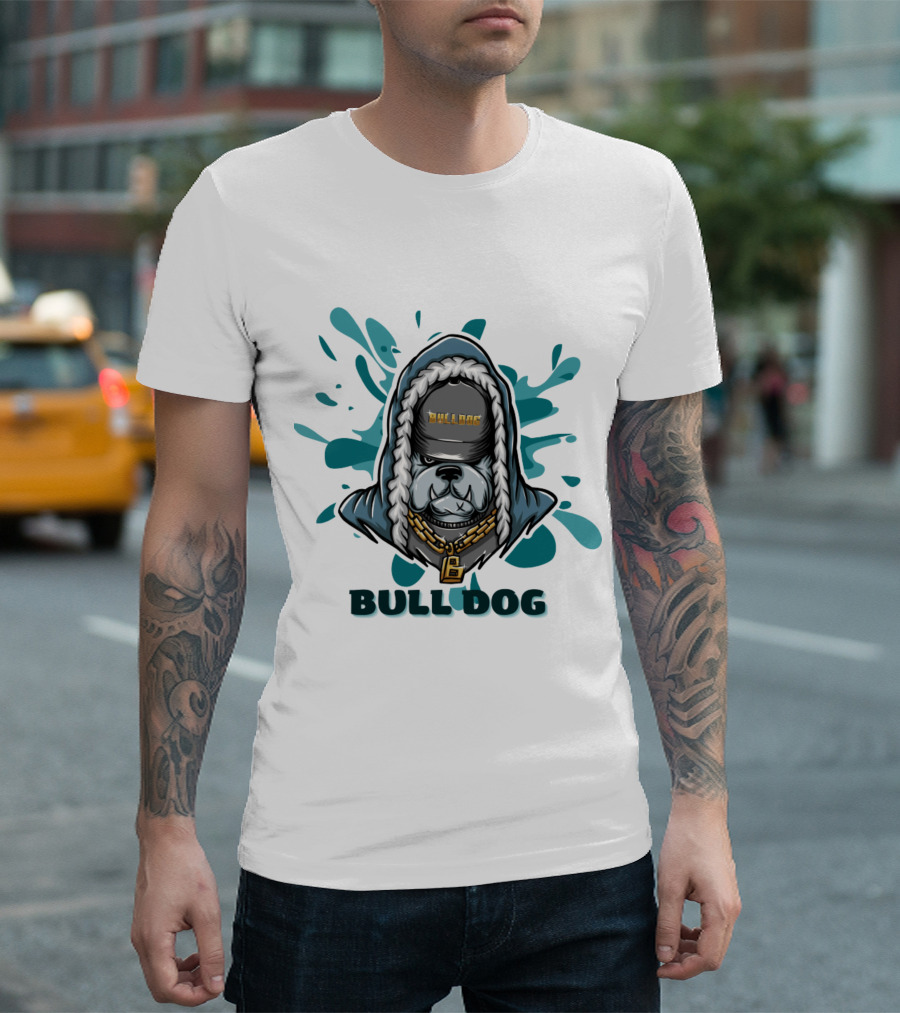 BULL DOG Hip Hop Style Hoodie with Chains and Splatter Background T-Shirt