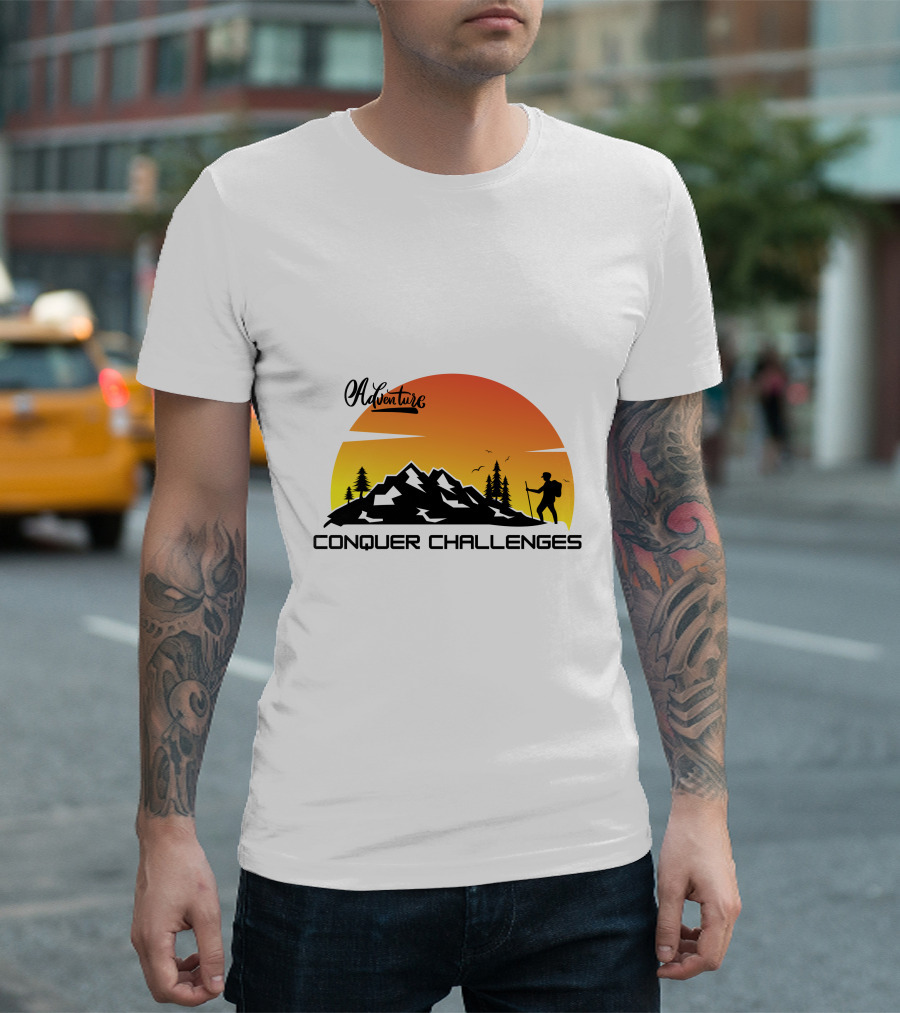 Adventure Conquer Challenges Mountain Hiking Silhouette Sunset Scene T-Shirt