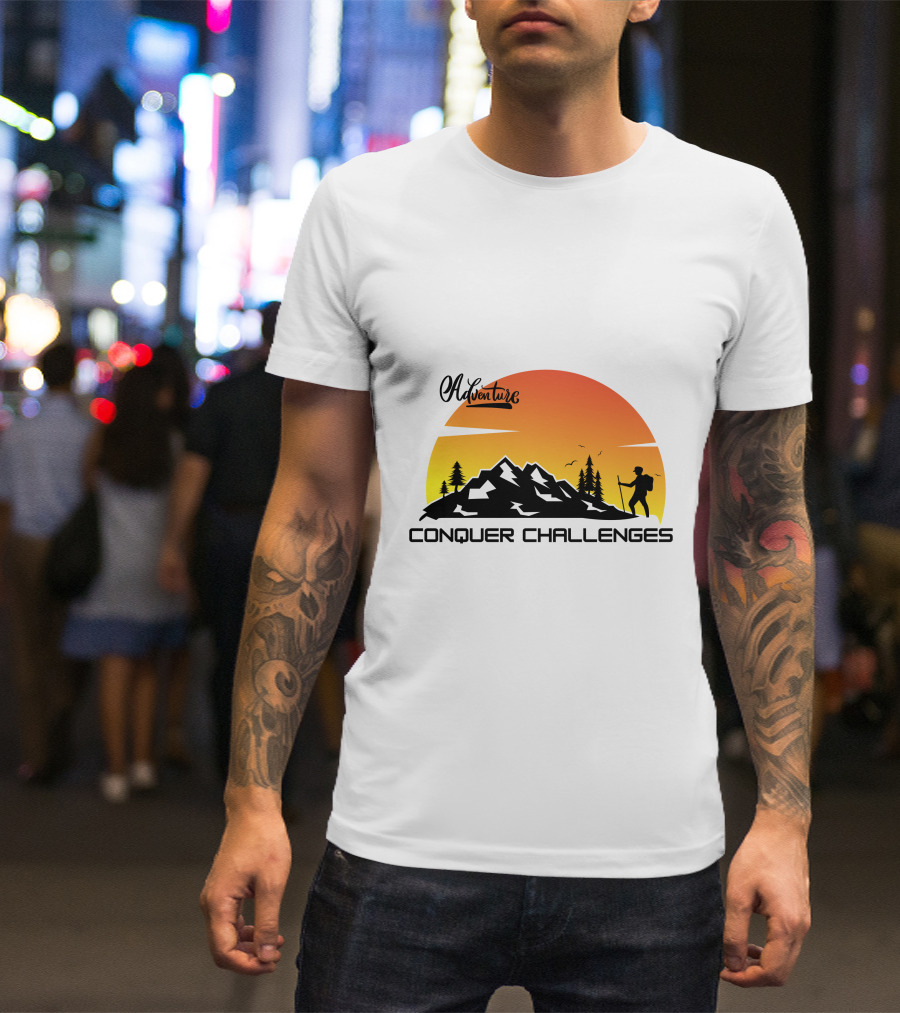 Adventure Conquer Challenges Mountain Hiking Silhouette Sunset Scene T-Shirt