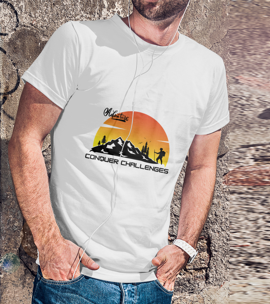 Adventure Conquer Challenges Mountain Hiking Silhouette Sunset Scene T-Shirt
