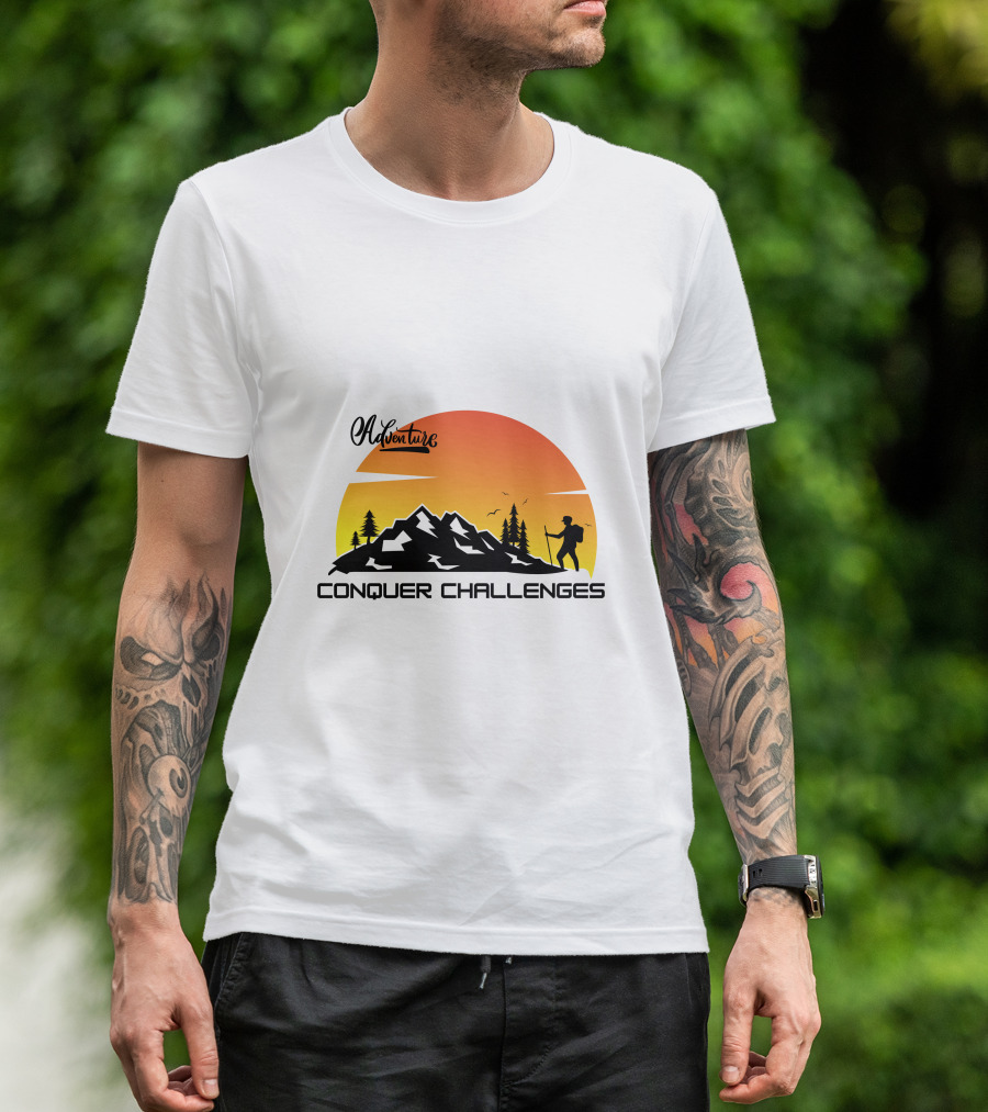 Adventure Conquer Challenges Mountain Hiking Silhouette Sunset Scene T-Shirt