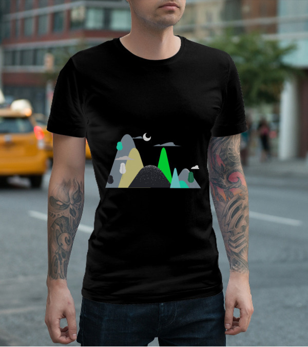 Mountains Moon Night Scene With Trees And Clouds T-Shirt