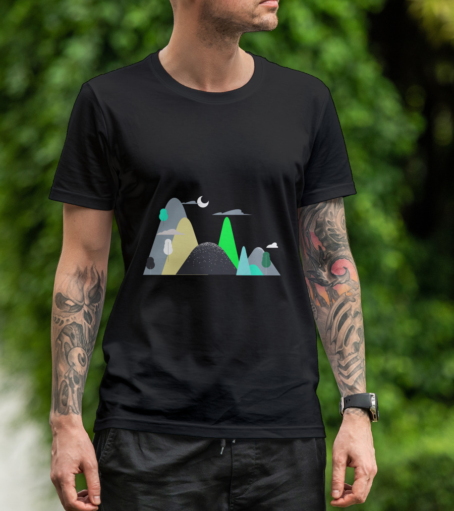 Mountains Moon Night Scene With Trees And Clouds T-Shirt