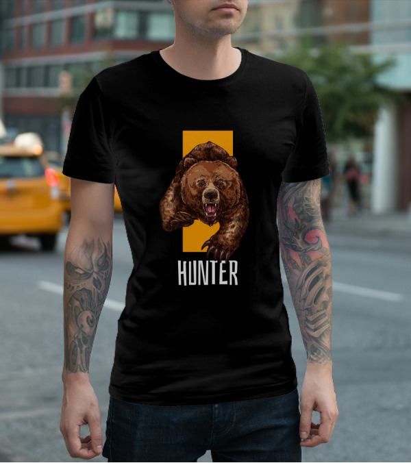 Hunter Bear With Aggressive Roar On Vertical Yellow Stripe T-Shirt