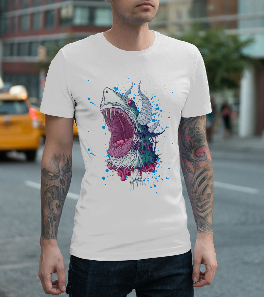 Monster Shark Scream with Horns and Splatter T-Shirt