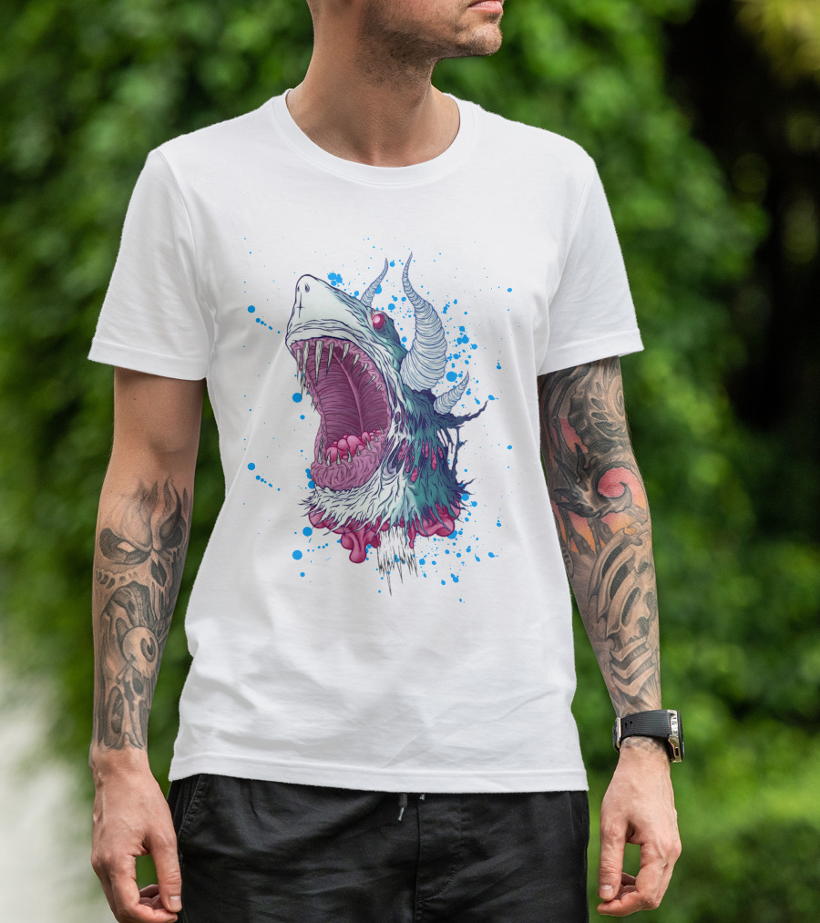 Monster Shark Scream With Horns And Splatter T-Shirt
