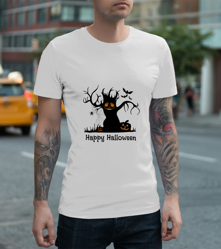 Happy Halloween Tree with Pumpkins, Bats, and Spiderweb T-Shirt