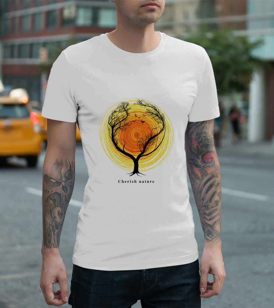 Cherish Nature Tree Silhouette with Birds and Vibrant Spiral Sun T-Shirt