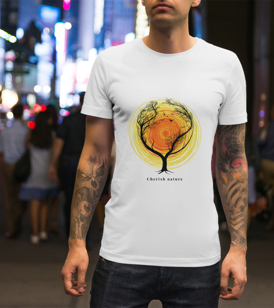 Cherish Nature Tree Silhouette With Birds And Vibrant Spiral Sun T-Shirt