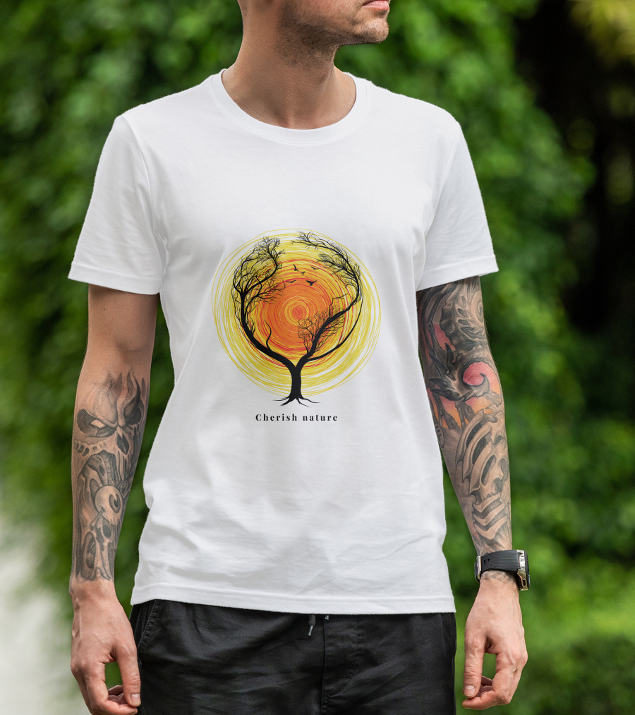 Cherish Nature Tree Silhouette With Birds And Vibrant Spiral Sun T-Shirt