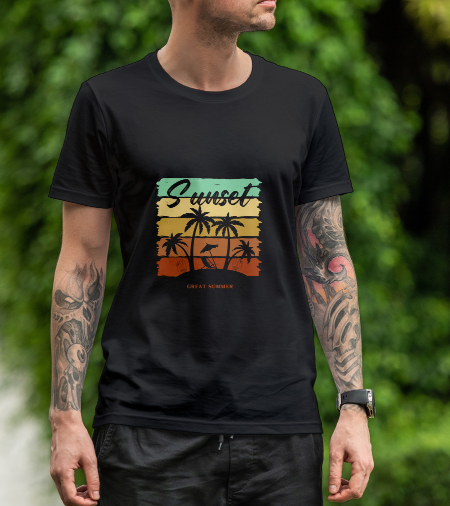 Sunset Great Summer Palm Trees Beach Scene T-Shirt