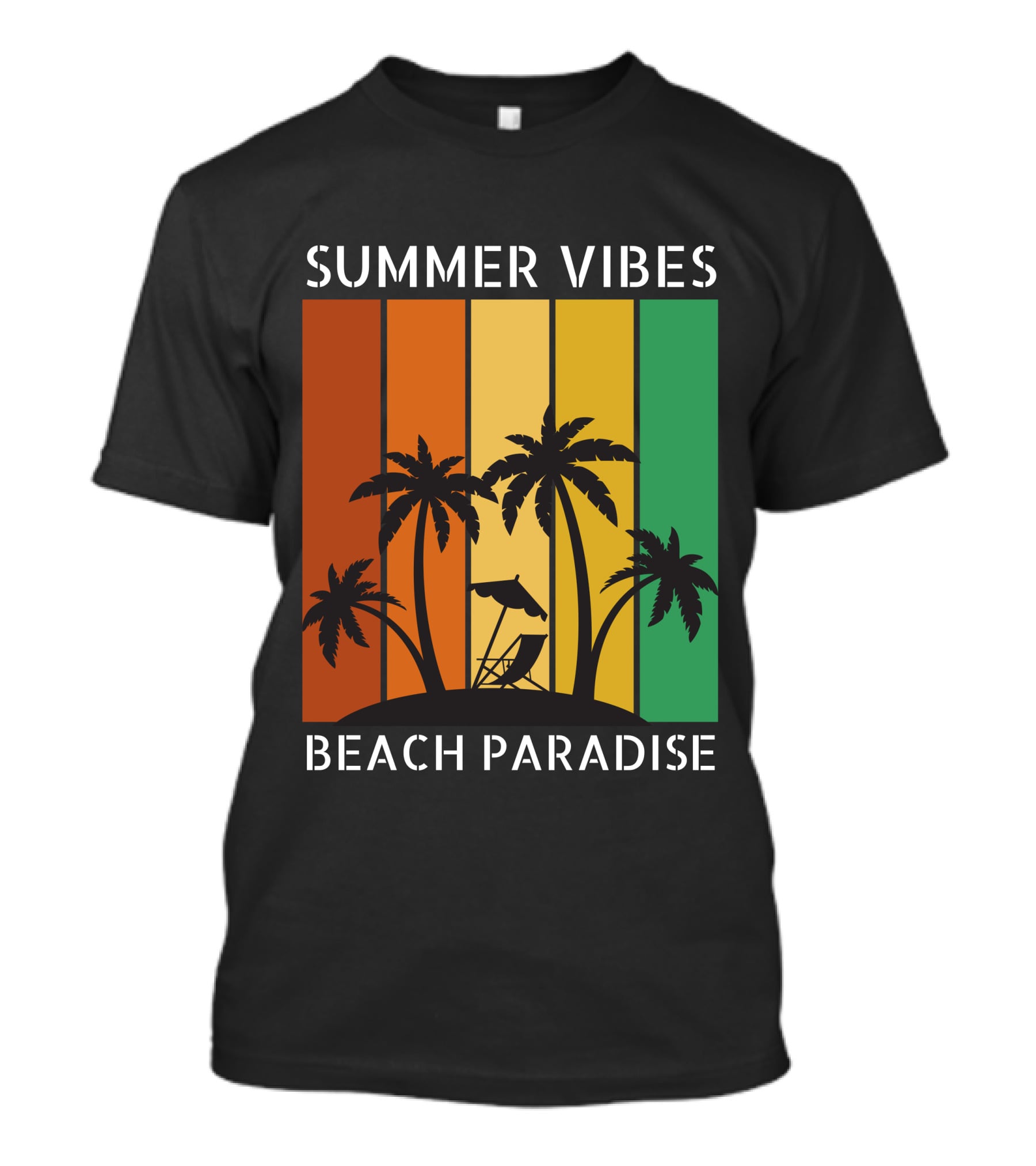 SUMMER VIBES BEACH PARADISE Palm Trees And Lounge Chair On Sunset Stripes T-Shirt
