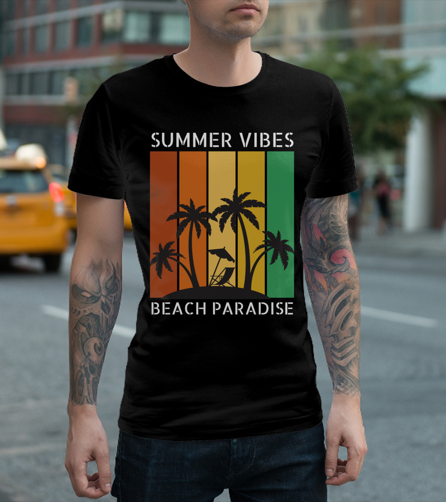 SUMMER VIBES BEACH PARADISE Palm Trees and Lounge Chair on Sunset Stripes T-Shirt