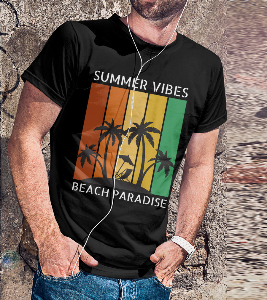 SUMMER VIBES BEACH PARADISE Palm Trees And Lounge Chair On Sunset Stripes T-Shirt