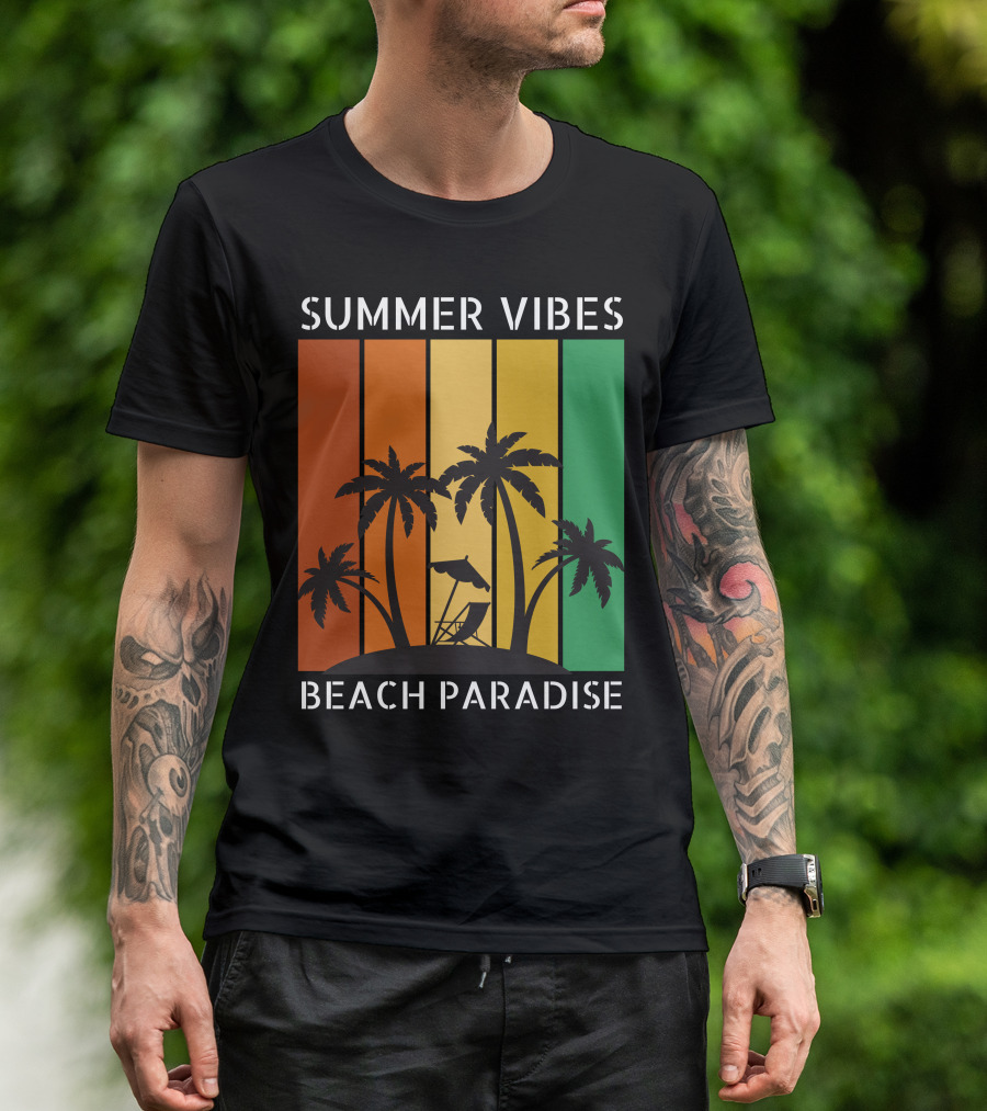 SUMMER VIBES BEACH PARADISE Palm Trees And Lounge Chair On Sunset Stripes T-Shirt