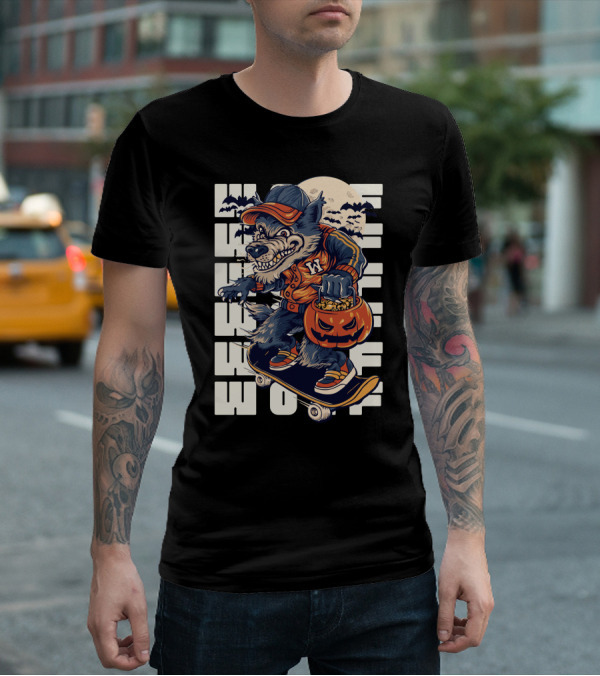 Wolf Trick-or-Treat Skateboarder With Pumpkin And Moon T-Shirt