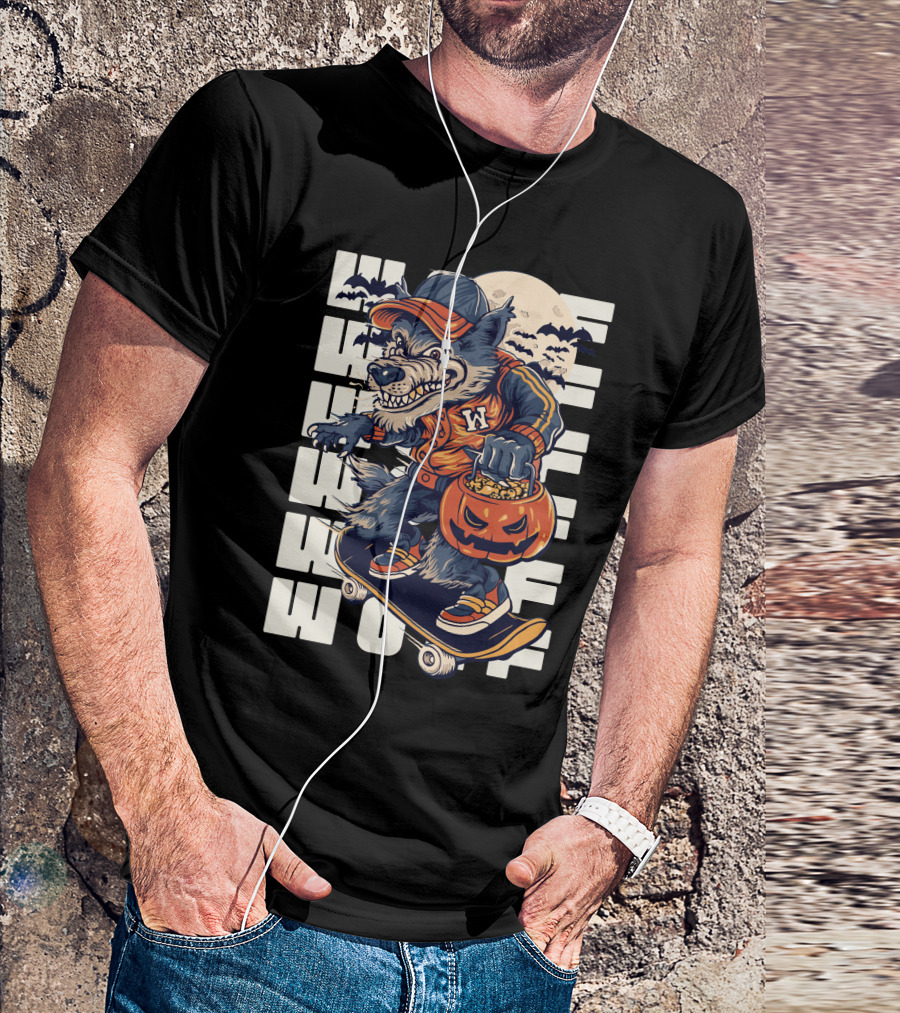 Wolf Trick-or-Treat Skateboarder With Pumpkin And Moon T-Shirt