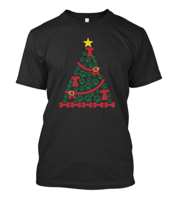 Christmas Tree Made Of Dog Paws With Star And Santa Elements T-Shirt